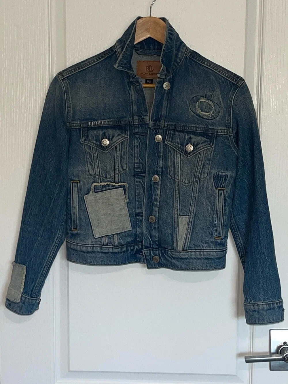 RALPH LAUREN Womens Patchwork Big Logo Denim Jacket Blue XXS Crop Distressed - Picture 5 of 10